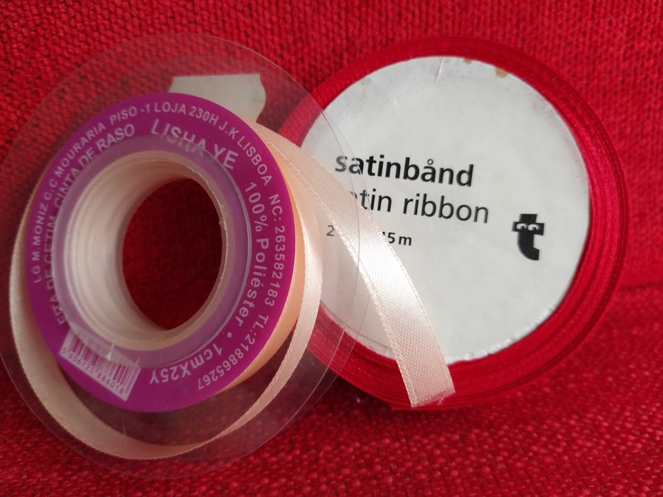 Conjunto de 2 fitas de cetim vermelha e rosa - 2cm x 15m