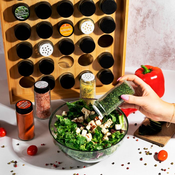Stojak na przyprawy - kwadratowy + 30x przyprawników + 75x naklejek