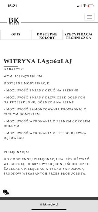 Witryna z kolekcji  mebli  BK meble