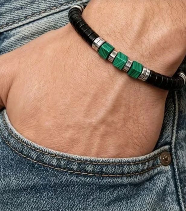 Pulseira de malaquite e ónix  negro