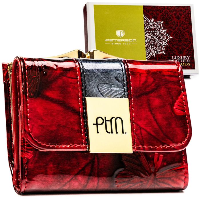 PETERSON portfel skórzany mały z motylami i biglem P252 czerwony