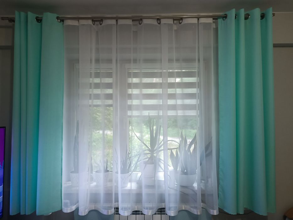 Komplet firana woal biały + zasłony miętowe/turkusowe 180x400