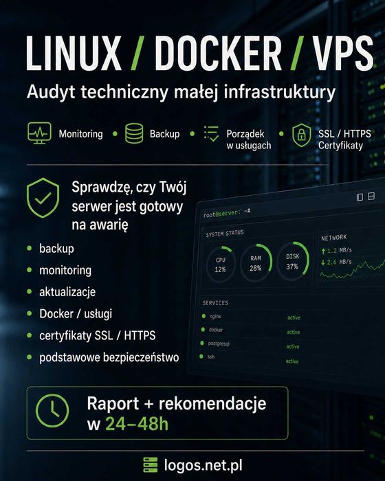 Linux / Docker / VPS / Certyfikaty SSL – audyt, porządek, monitoring, backup | Zdalnie