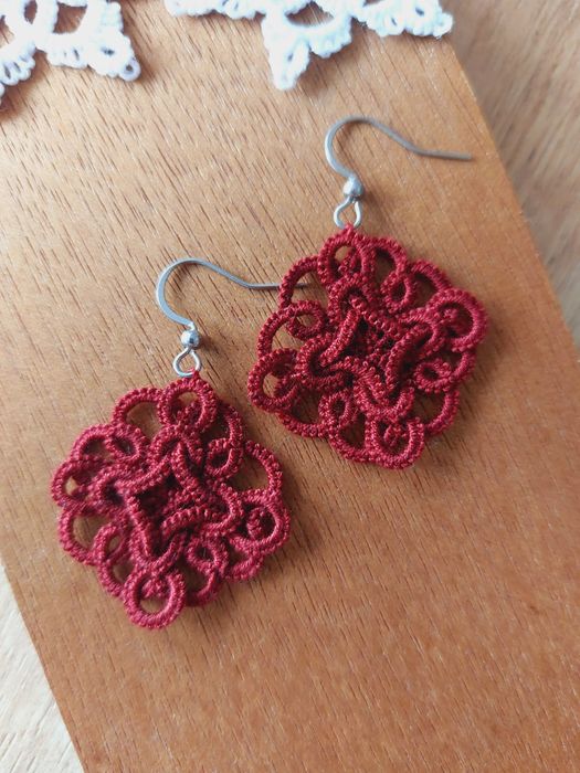 Kolczyki koronkowe bordowe frywolitka
