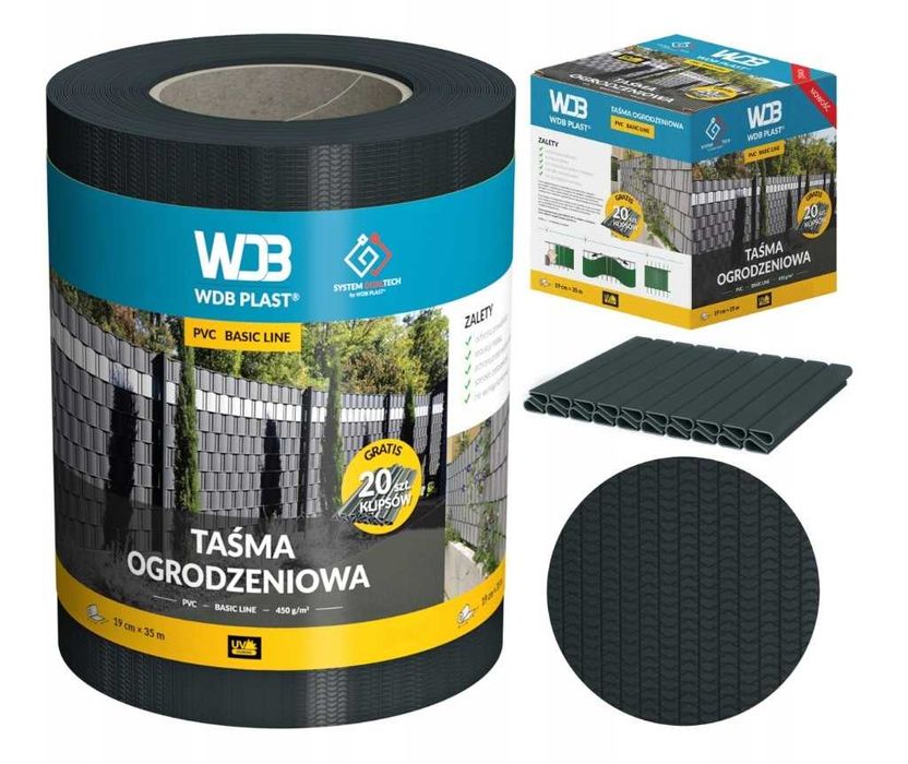 WDB PLAST Taśma ogrodzeniowa szara powlekana PCV 19 cm x 35 m