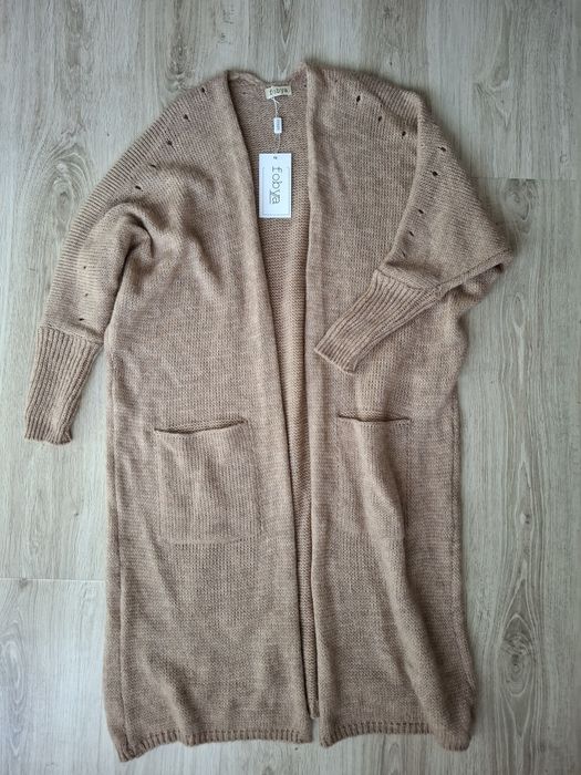 Fobya wełna sweter kardigan beige długi płaszczyk narzutka S / M
