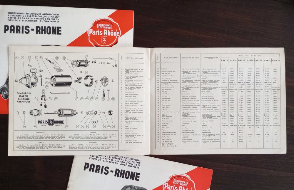 Antigas brochuras comerciais de equipamentos eléctricos Paris-Rhone para Citroën Simca Renault