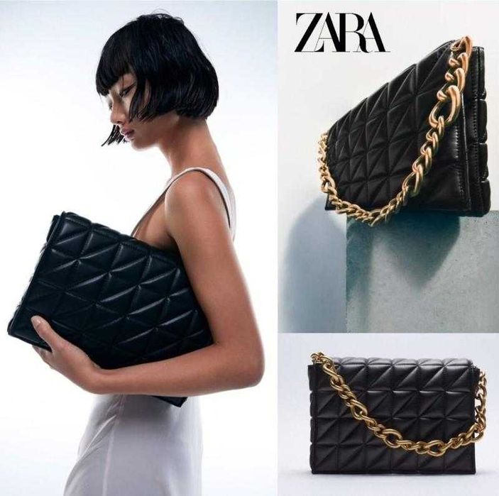 Жіноча чорна стегана сумка клатч zara з ланцюжком