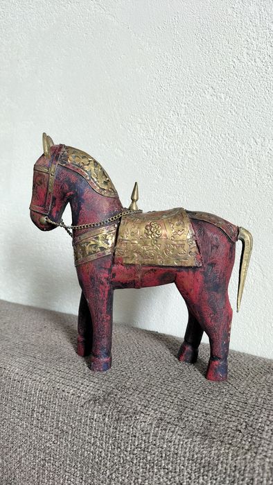 Vintage figurka Koń indyjski drewno i mosiądz handmade Radżastan