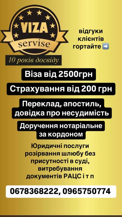Віза, страховка, довідка про несудимість, розлучення,переклад/апостиль