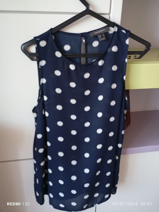 Navy Blue Top with White Polka Dots, Size M