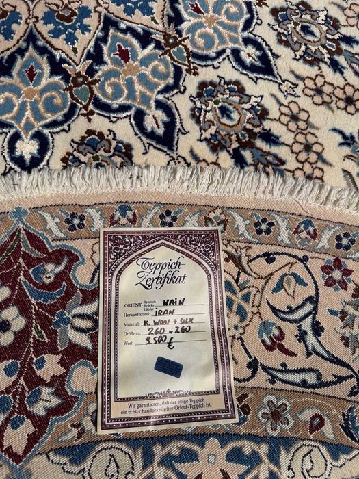 Nowy Okrągły Dywan Perski Kaszmir + Jedwab Iran Nain 260x260 NAJTANIEJ W PL