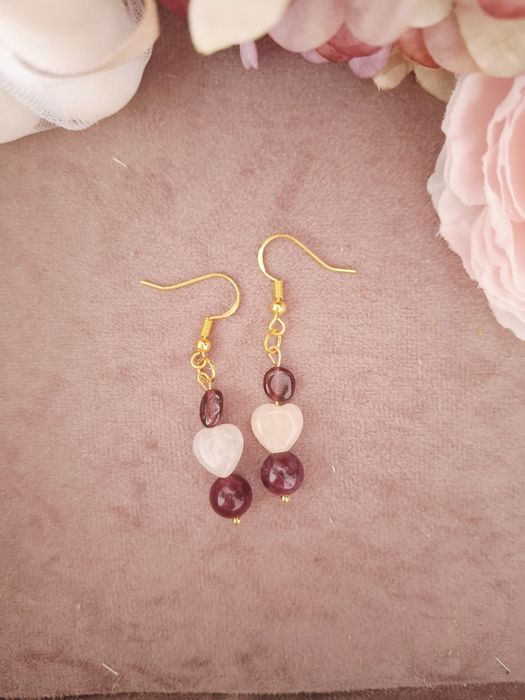 Kolczyki handmade srebro pozłacane z naturalnych kamieni granat topaz