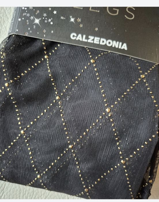 Rajstopy Calzedonia S czarne złote tiulowe romby kropki party legs
