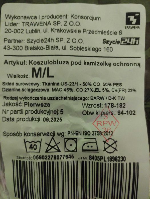 Combat Shirt/Koszulobluza pod kamizelkę ochronną wz.93 TRAWENA, rozm. M/L