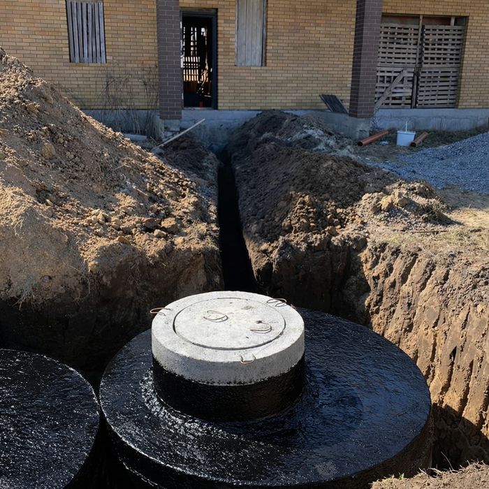 Септик, выгребная яма.
Канализация из бетонных колец.
От производителя