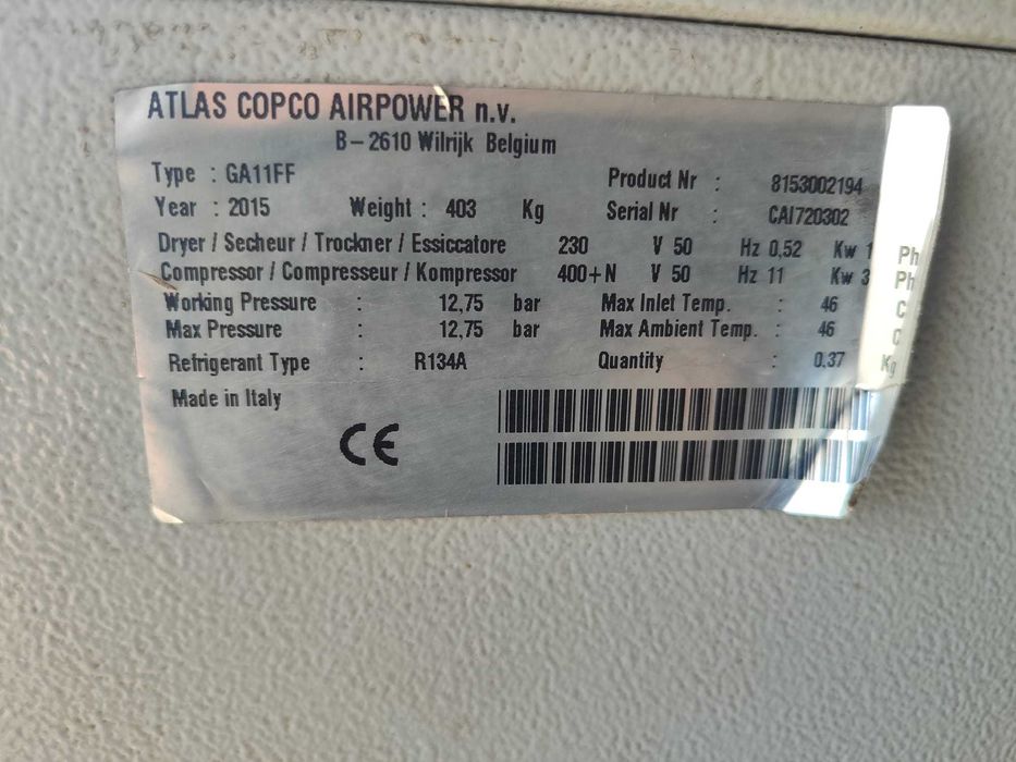 Sprężarka śrubowa Atlas Copco GA11 FF 11kW, 12,75 bar z osuszaczem