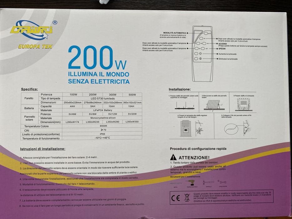 Прожектор світлодіодний на сонячній батареї DRIWEI 200w
