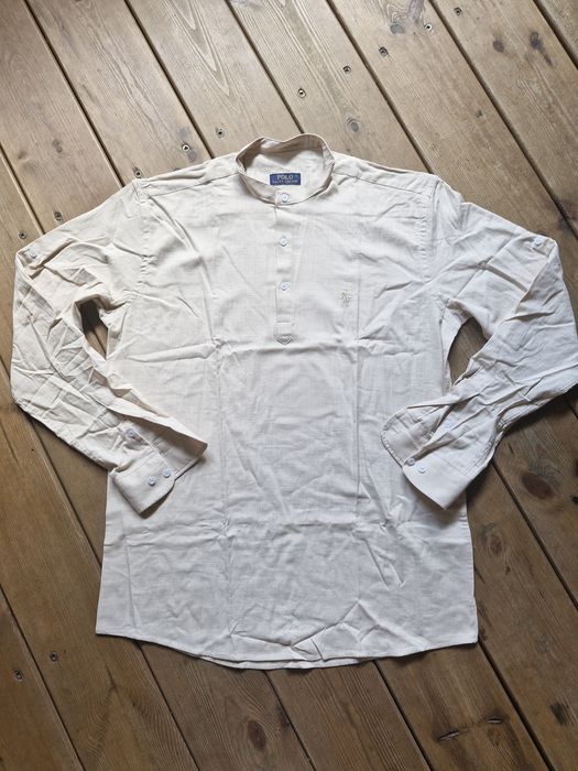 Beżowa koszula męska polo stojka elegancka lekka zwiewna bałwana L now