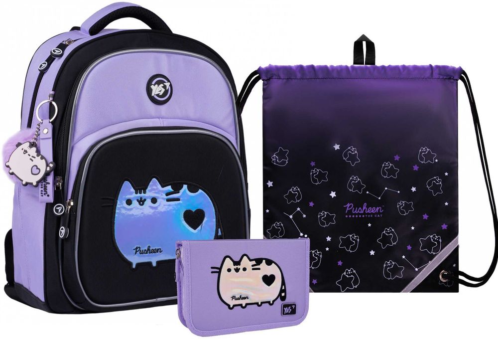 Рюкзак шкільний напівкаркасний YES Pusheen Shiny S-91 + пенал + сумка
