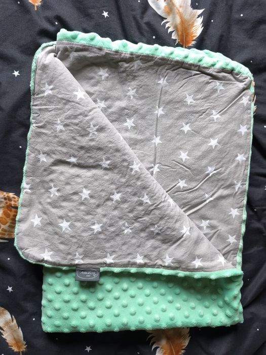 Kocyk do wózka lub łóżeczka, minky, mięta/szary