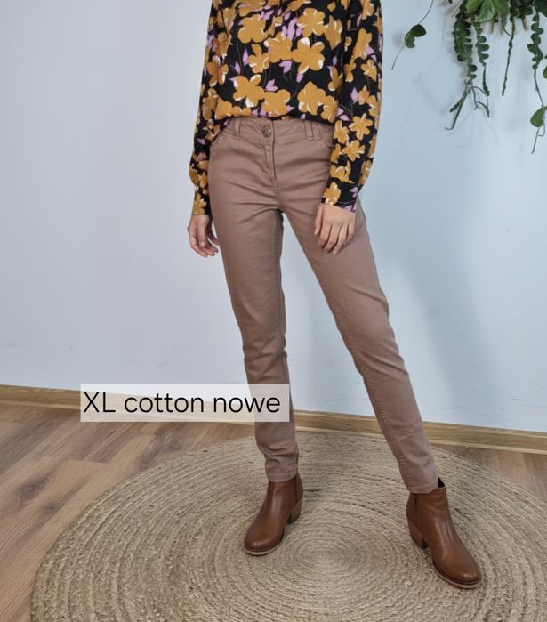 Brązowe spodnie damskie skinny bawełna z elastanem rozmiar 14 l