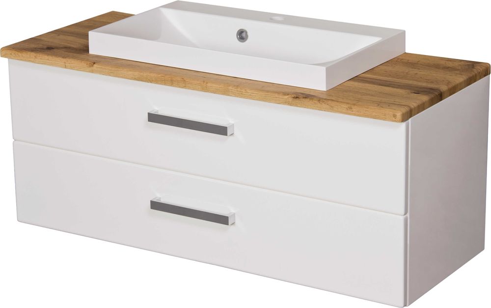 Szafka do łazienki z blatem dekor dąb z umywalką nablatową zmontowane