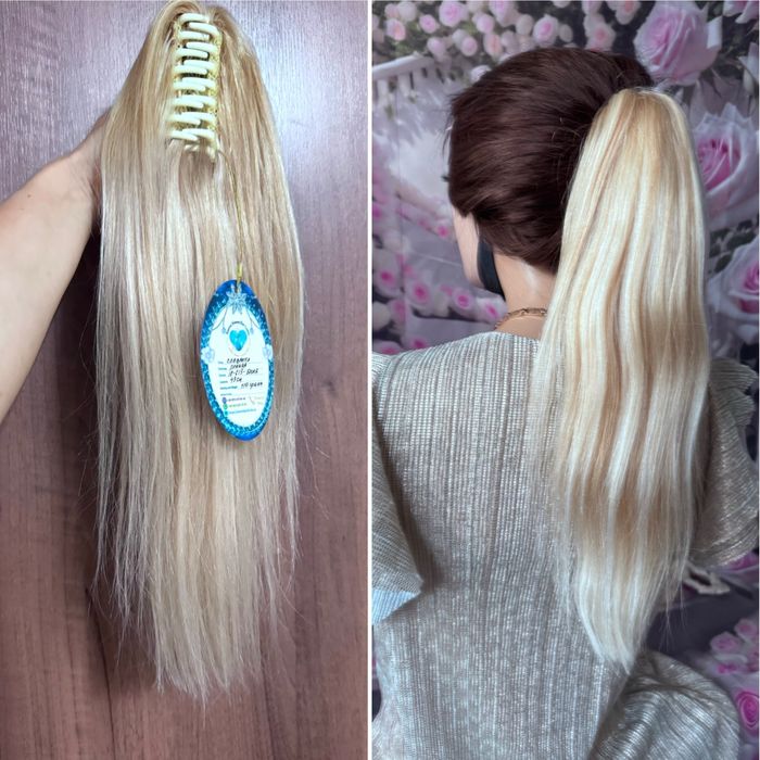 Натуральный хвост шиньон на крабе заколке славянка волосы блонд 45 см
