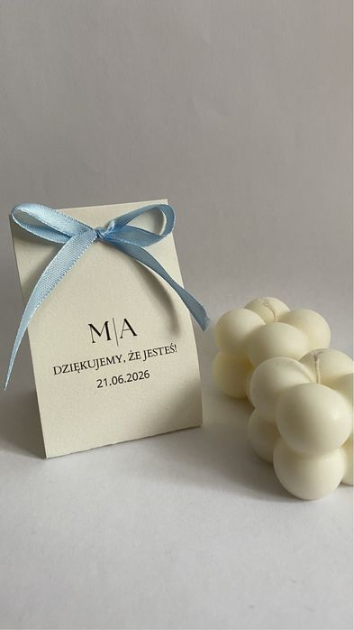Podziękowania dla gości – świeczki ozdobne + personalizowana kartka