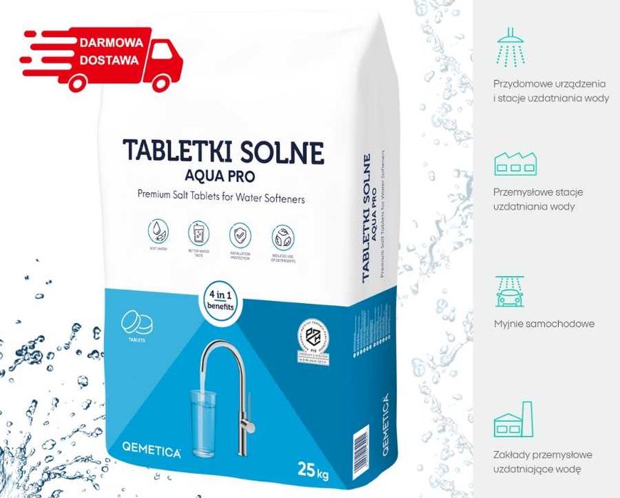 Tabletki solne sól do zmiękczania wody Qemetica Aqua Pro 1 tona z dostawą