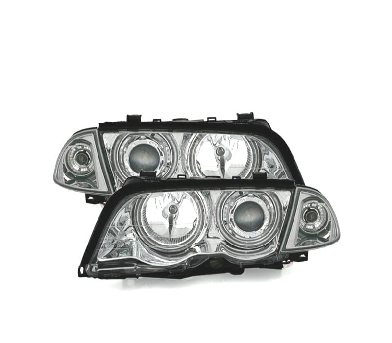 FARÓIS DIANTEIROS BMW E46 4 PORTAS 98-01 ANGEL EYES CFL FUNDO CROMADO H7-H7