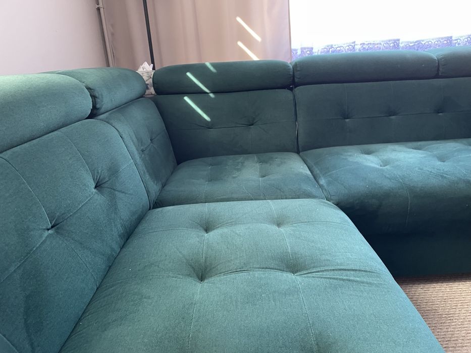 Narożnik duży Aslan, butelkowa zieleń, f. spania, ruchome zagłówki :)