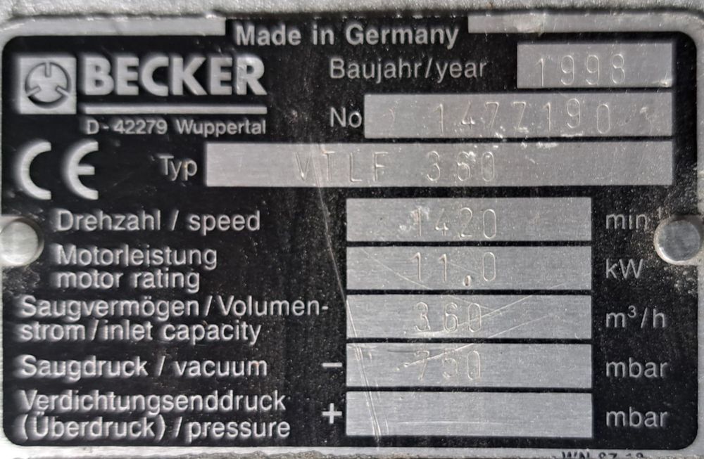 Pompa próżniowa Becker VTLF 360 | CNC | 360 m³/h | Gwarancja