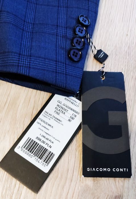 Granatowy garnitur w kratę  Giacomo Conti Nowy! Wyprzedaż - 60%. Szybk