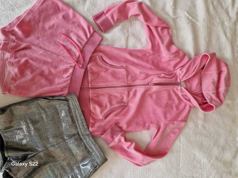 Calção prateado + Conjunto de calção e casaco cor-de-rosa