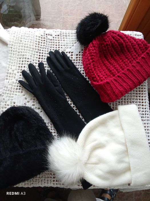 Rękawiczki, długie, do łokcia, czarne, eleganckie, czapka gratis