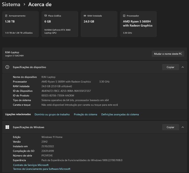 Portátil Gaming Lenovo 15ACH6H-879 (24 GB RAM, 2 discos SSD, Nvidia 6GB), COMO NOVO