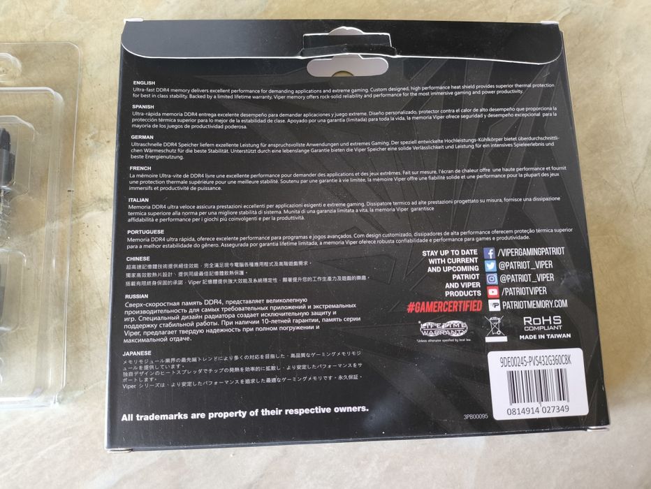 Pamięć Patriot Viper Steel, DDR4, 32 GB, 3600MHz, CL18 PVS432G360C8K  Sprawne
