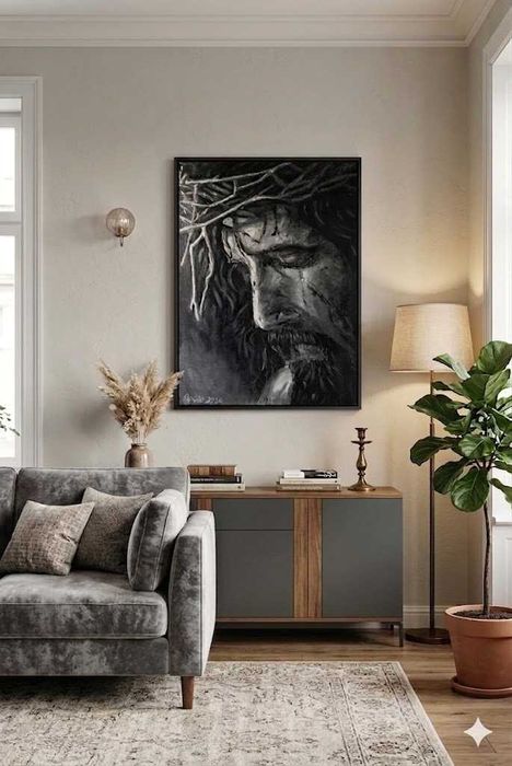 Obraz Jezus w cierpieniu” – ręcznie malowany 50x70 płótno akryl