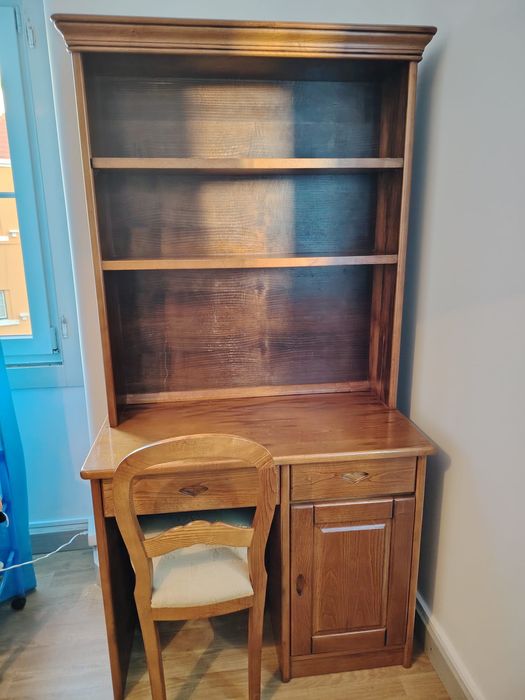 Secretaria com estante e gavetas + cadeira Carvalho
