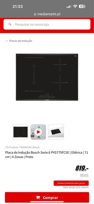 Placa de Indução Bosch Serie 6 PVS775FC5E