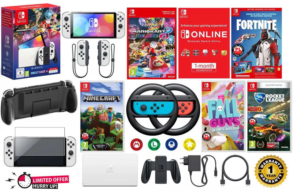 Nintendo SWITCH Oled 64GB + 5 gier + szkło + grip + online + ROK Gwara