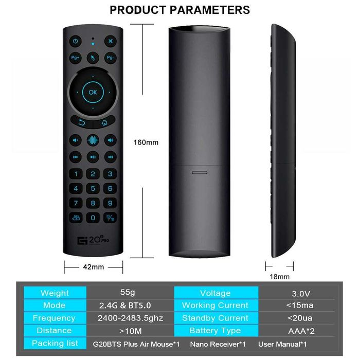 Comando Airmouse G20S Pro 2.4GHz + Bluetooth microfone retroiluminado