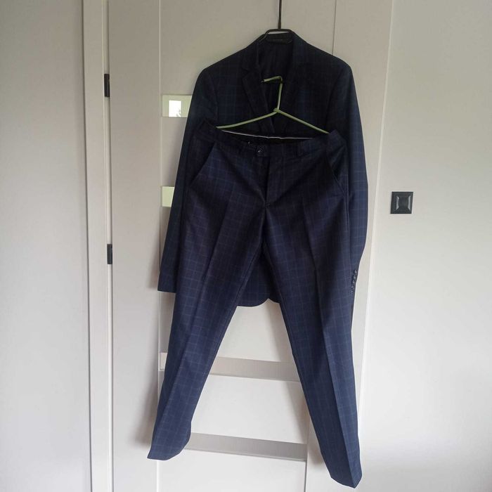 Garnitur w kratę granatowy ślub wesele elegancki wełna