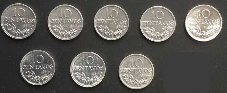 Série de 8 moedas de 10 centavos em alumínio - Portugal - 1971 a 1978