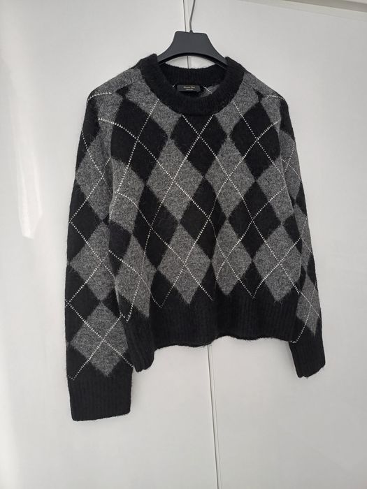 Massimo Dutti wełniany sweter damski w romby czarny szary wełna alpaka viral