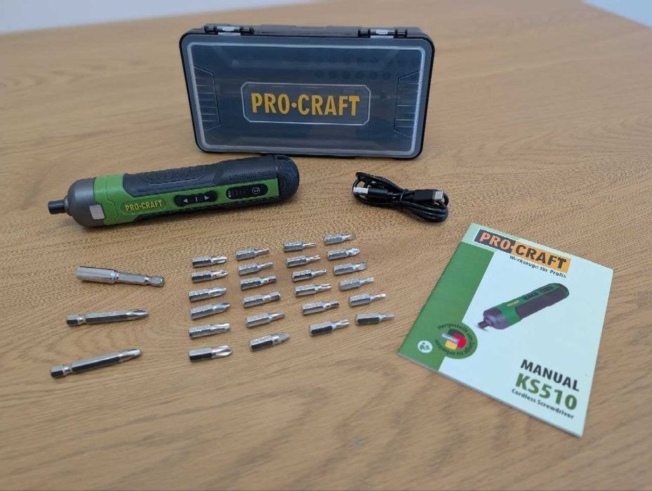 Акумуляторна викрутка Procraft | 3.6V, 5Нм + Великий набір біт, зарядка Type-C, 4 режими роботи. В КЕЙСІ
