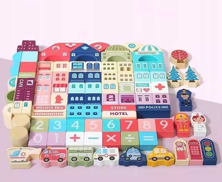 drewniane klocki edukacyjne mata miasteczko 121 el w tubie + worek