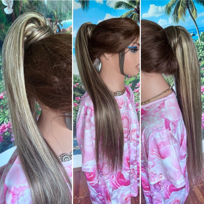 Натуральный хвост шиньон на резинке славянка детский волос русый 70 см