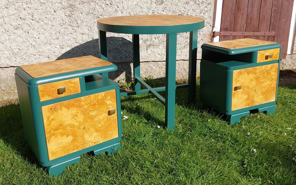 2 szafki nocne + stół vintage PRL| fornir czeczota + Zieleń Boho